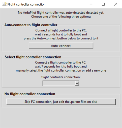 Flight controller connection selection window