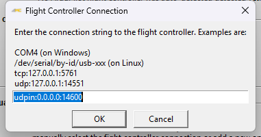 AMC custom connection dialog containing the UDP forwarding listener address