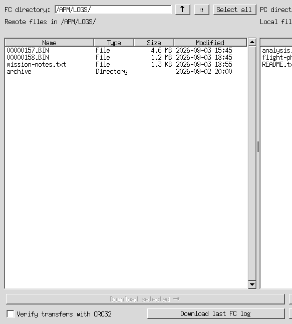 Flight-controller panel showing file and directory metadata