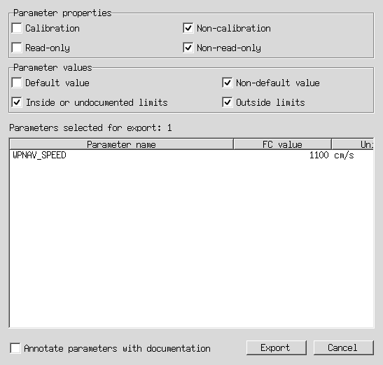 Export parameters window