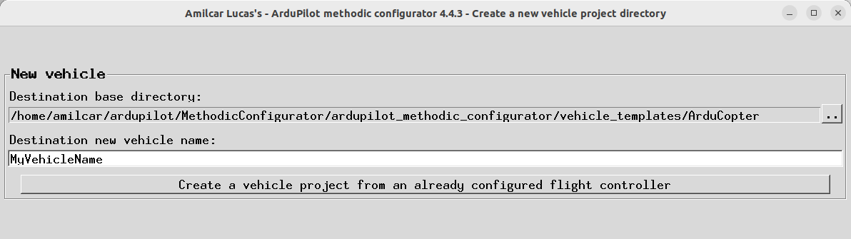 Create vehicle project from an already configured flight controller