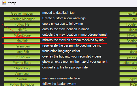 Mission Planner Ctrl-F auxiliary tools window with the Mavlink button