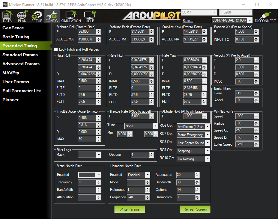 Mission Planner's `Extended Tuning` screenshot with our autotune results